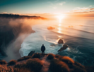 Looking over the ocean, wanderlust, sunrise, sunset, ocean view, background, travel, wonder, beautiful. Generative AI