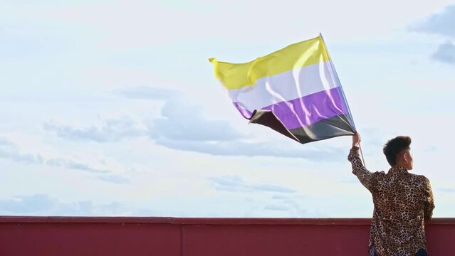 young asian gender non binary person with back to back holding a non binary flag blowing in the wind