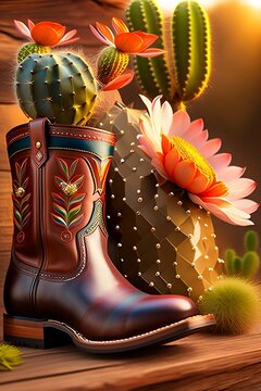 Cowgirl boot illustration with cacti and desert flowers. Artwork design, illustration for the t-shirt design, printing, poster, wild west style, American Western. Generative AI
