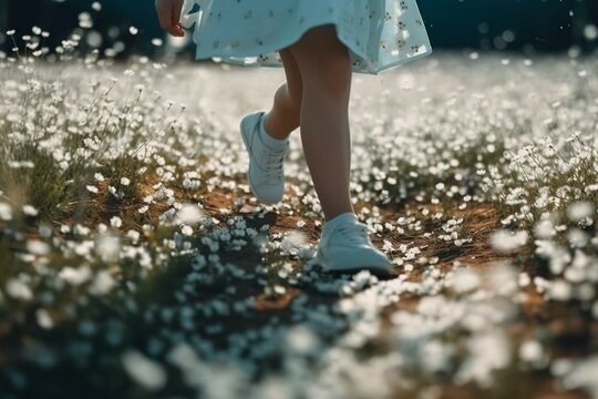 A close - up of child legs wearing white clothes and running around on the field of white flowers, blurred background of a lot of white and blue petals fluttering by wind, sunlight. AI generative