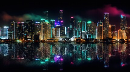 city embankment at night with skyscrapers illuminated over a river with reflections. Generative AI