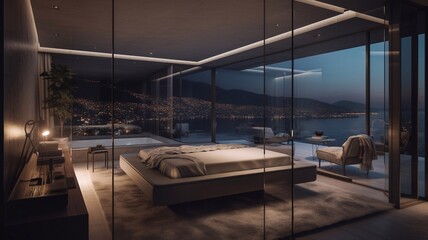The night bedroom of a luxury penthouse. Generative AI.