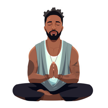 A black man is sitting in the lotus position in a vector illustration. Isolated sticker. Mental health awareness month.