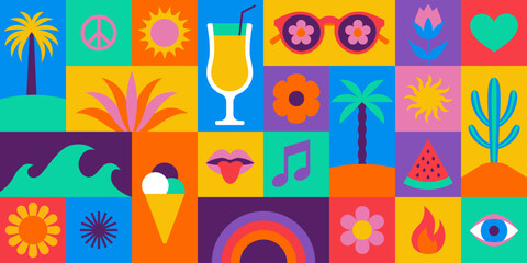Vector simple flat illustrations and icons, geometric summer pattern and banner, vacation and tropical travel, flowers and plants simple shapes, festival and sale posters - 596471938