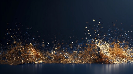 Abstract background with Dark blue and gold particle. Christmas Golden light shine particles bokeh on navy blue background. Gold foil texture. Holiday concept. Generative ai
