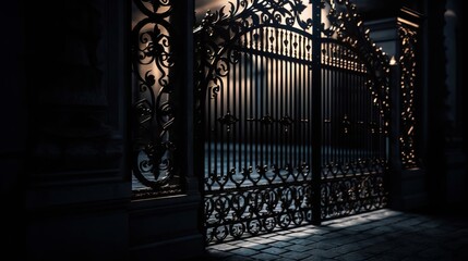 Black Victorian Gothic Gate with Sun Setting in Background