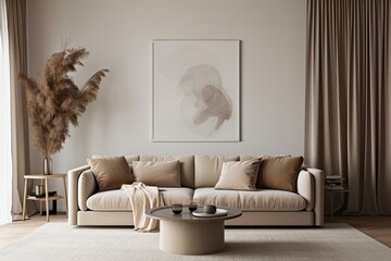 cozy living room with comfortable furniture and a beautiful painting on the wall. Generative AI