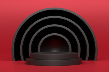 Obraz premium Pastel black cylinder podium with steps on red background