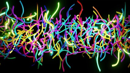 3d abstract background with neon light, multicolored flashes of light bulbs of unusual shapes. Curved lines flash bright. Motion design bg. 3d render