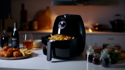 Black air fryer or oil free fryer appliance on the wooden table in the modern kitchen with fried fries and tomatoes on plates. Generative AI