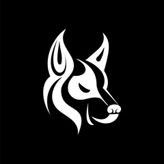 Dog head with bold black and white tribal calligraphic accents on a black background in minimalist style