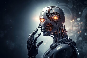 futuristic robot holding a weapon with glowing eyes. Generative AI