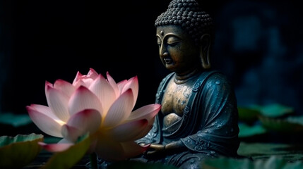 Buddha statue and lotus flower. Generative AI