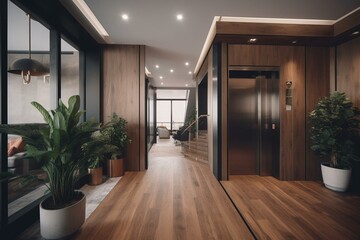 Fototapeta na wymiar Stylish office entrance with elevator, reception, plant & wood flooring. Ideal for corporate or hotel setting. Rendered in 3D. Generative AI