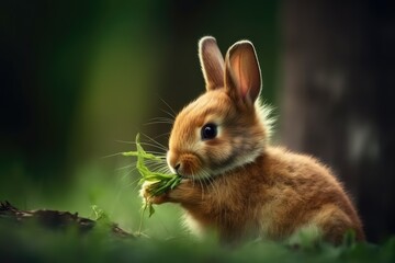 Fototapeta premium cute rabbit grazing on green grass in a peaceful forest setting. Generative AI