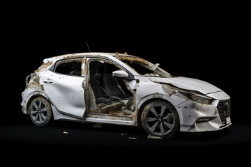 Damaged white car after collision isolated on transparent background in PNG file. Generative AI
