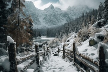 Winter in Tatra Mountains. Oswald Balzer's trail to Morskie Oko lake. Generative AI - obrazy, fototapety, plakaty