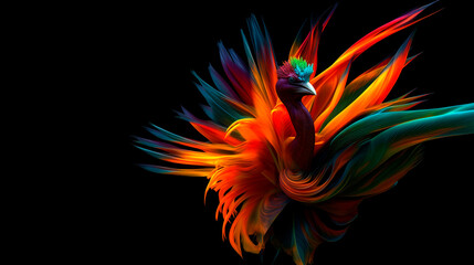 Fototapeta na wymiar Colored abstract bird of paradise on a black background. Generative AI