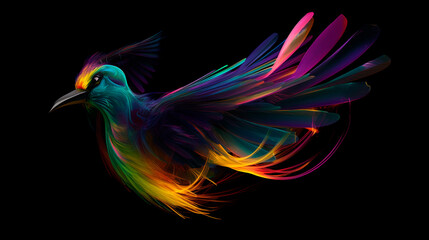 Fototapeta premium Colored abstract bird of paradise on a black background. Generative AI