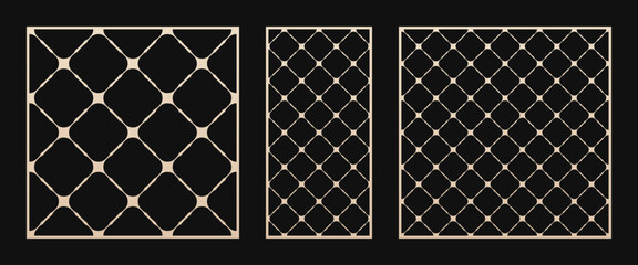 Laser cut patterns. Vector set with abstract geometric grid, linear lattice, thin lines. Modern geometry panels. Decorative stencil for CNC cutting of wood, metal, plastic. Aspect ratio 3:2, 1:1, 1:2