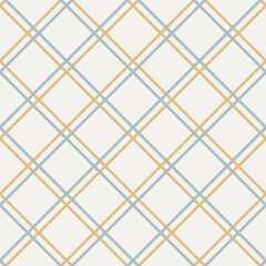 Square grid vector seamless pattern. Abstract linear geometric texture with thin diagonal crossing lines, rhombuses, mesh, lattice, grill. Simple retro style background. Green, yellow and beige color