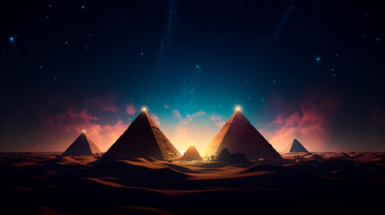 Egyptian pyramids are present in this future desert environment at night. Stars in the night sky, light beams, and galaxy glare. in the pyramid's tunnel. Generative AI