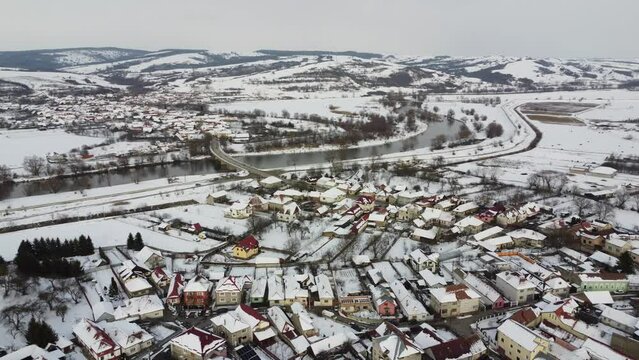 Aerial view of Fagaras and the Olt River in Romania.
