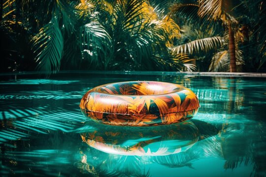 in a big pool surrounded by tropical plants swims a colorful floating hoop created with Generative AI technology