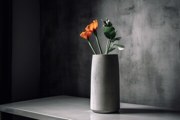 minimalistic still life with a concrete vase and a bright flower