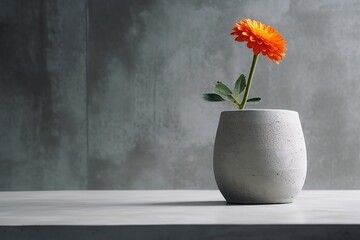 minimalistic still life with a concrete vase and a bright flower