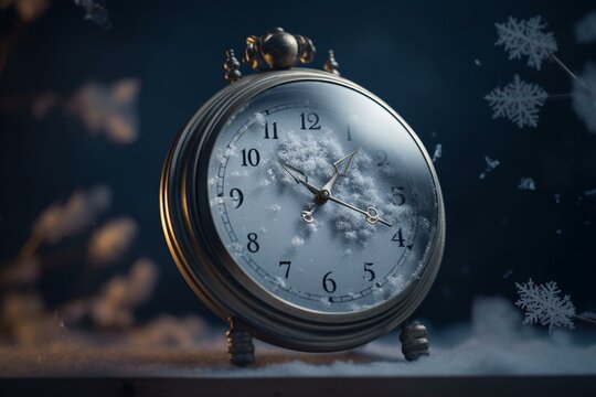 Clock transitioning from summer to winter time. Winter concept. 3D render. Generative AI