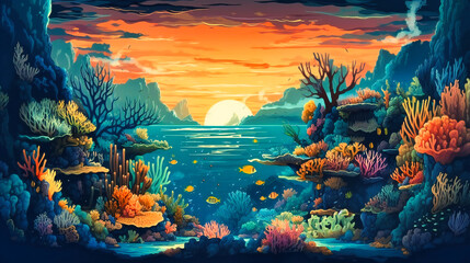 The ocean scene with coral reefs and fish