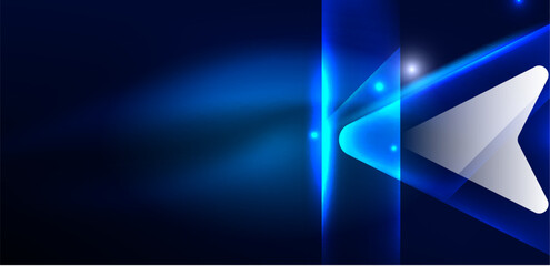 Blue neon speed arrow and line shapes background. Hi-tech concept with shiny backdrop. Bright flare light effect in the dark