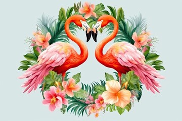 two pink flamingos in a tropical paradise. Generative AI