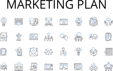 Marketing plan line icons collection. Sales pitch, Advertising scheme, Promotional technique, Brand strategy, Publicity campaign, Product positioning, Market research vector and linear Generative AI