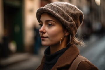 young adult woman outside in front of a restaurant or bar wearing a woolen hat and a winter jacket. Generative AI