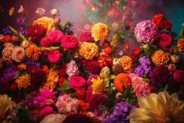 Obraz na płótnie Canvas Vibrant flowers arrangement on a floral backdrop perfect for a wedding card. Generative AI