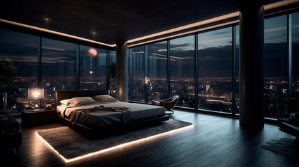 luxury penthouse bedroom at night. Generative AI - obrazy, fototapety, plakaty