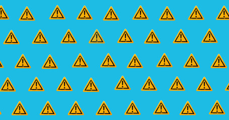 Yellow triangle attention warning signs with black exclamation marks repeated on blue background