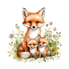 Fototapeta premium Cute Fox family watercolor Generative AI
