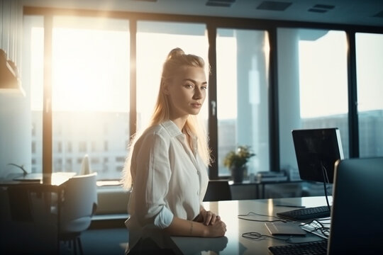 young adult woman in office, proud or ambitious, career and work. Generative AI