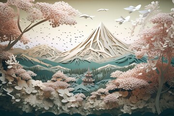 Paper-cut style illustration of a mountain view with cherry blossoms. Generative AI