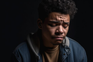 Fototapeta premium multi-ethnic or american multiracial young adult man, serious, worried or unhappy face expression. Generative AI