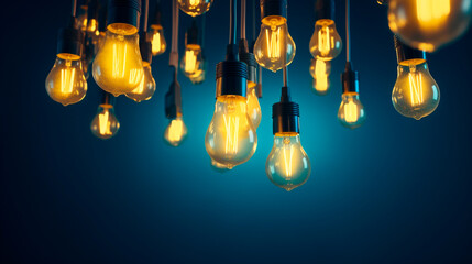 Minimal concept idea, flat lay, top view of yellow light bulbs hanging against a blue background and each glowing with a unique theme. Generative AI