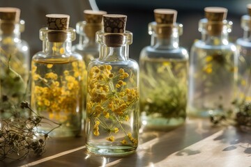 Obraz na płótnie Canvas Herb essential oil aroma bottle and leaf. Generative AI 