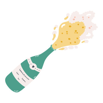 Cute hand drawn champagne bottle explosion. Concept of holiday, celebration, toast. Trendy and colorful vector clipart in naive style. Open bottle with pop-up cork and splashes