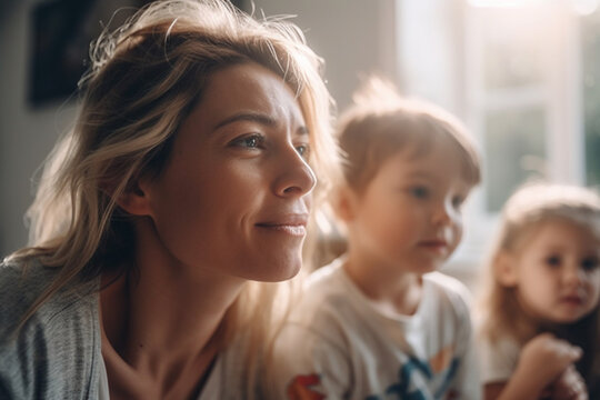 mature mother at home with her children, enjoying the time and having joy and fun, little kid boy and daughter girl, at home by the window. Generative AI