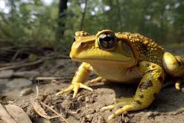 Fototapeta premium yellow frog perched on a patch of dirt. Generative AI
