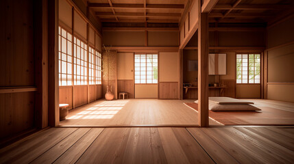 Fototapeta na wymiar Muji design, an empty wooden room, and interior cleaning of a Japanese room. Generative AI