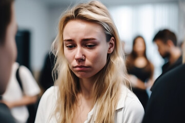 Fototapeta premium young adult woman or teenager girl is sad or nearly crying. Generative AI